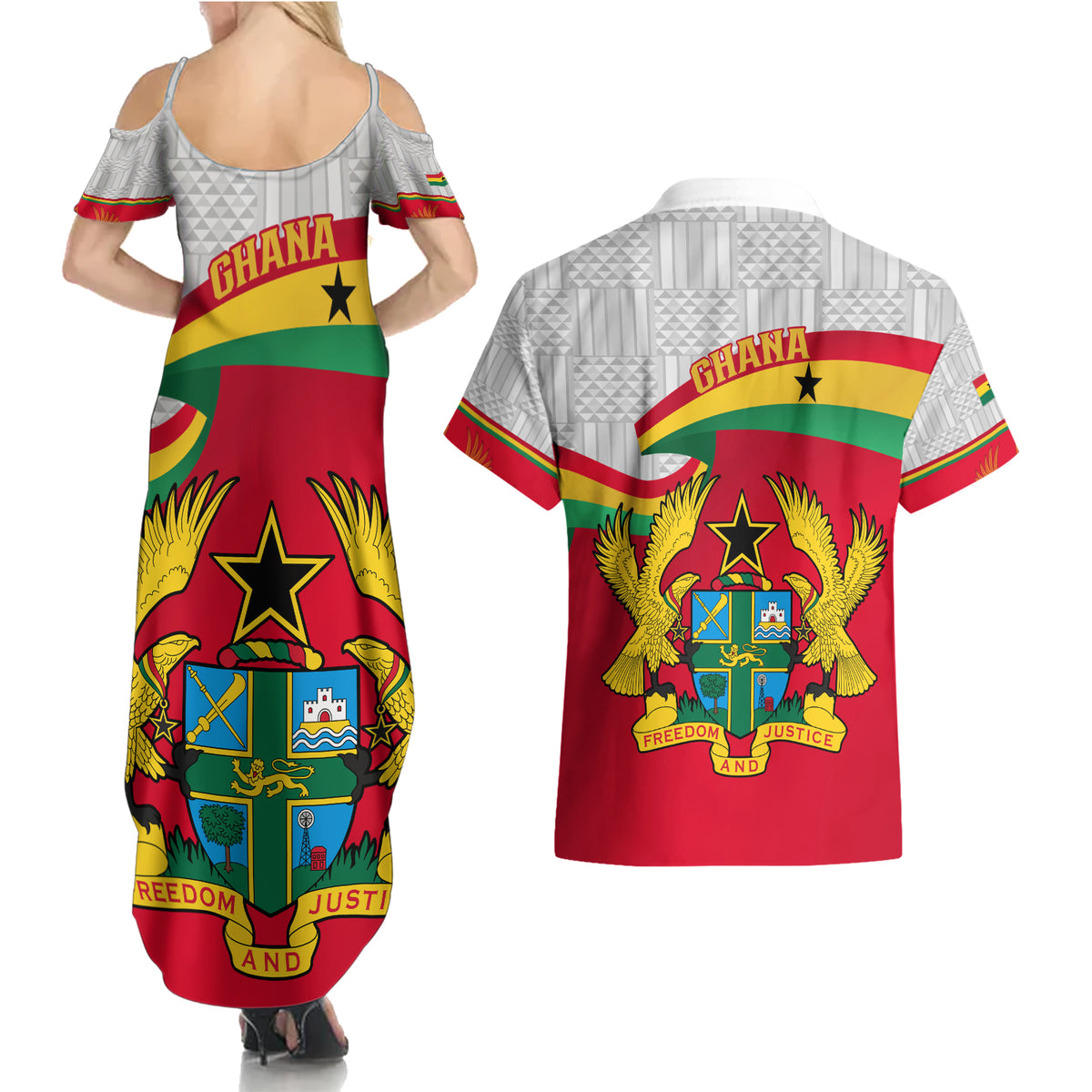 Ghana Independence Day Couples Matching Summer Maxi Dress and Hawaiian Shirt Gana Map Happy 67 Years Anniversary - Wonder Print Shop