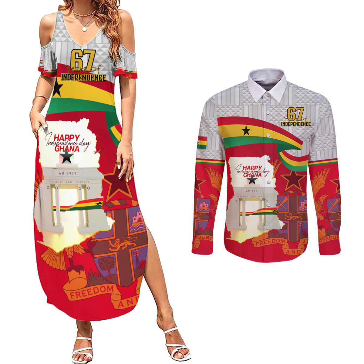 Ghana Independence Day Couples Matching Summer Maxi Dress and Long Sleeve Button Shirt Gana Map Happy 67 Years Anniversary - Wonder Print Shop
