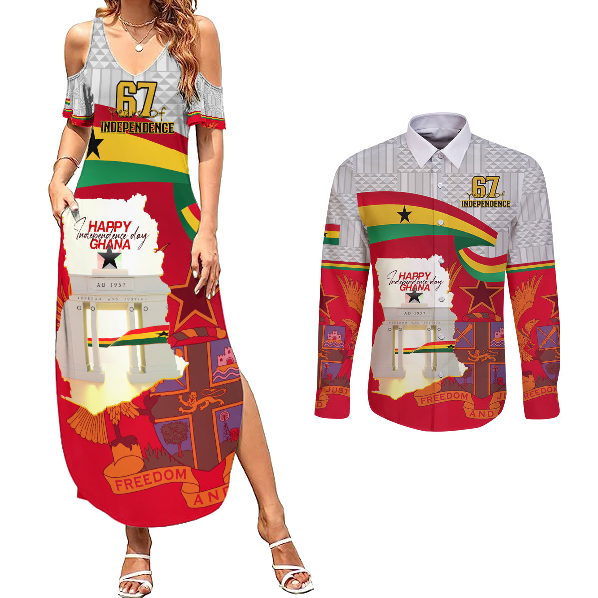 Ghana Independence Day Couples Matching Summer Maxi Dress and Long Sleeve Button Shirt Gana Map Happy 67 Years Anniversary