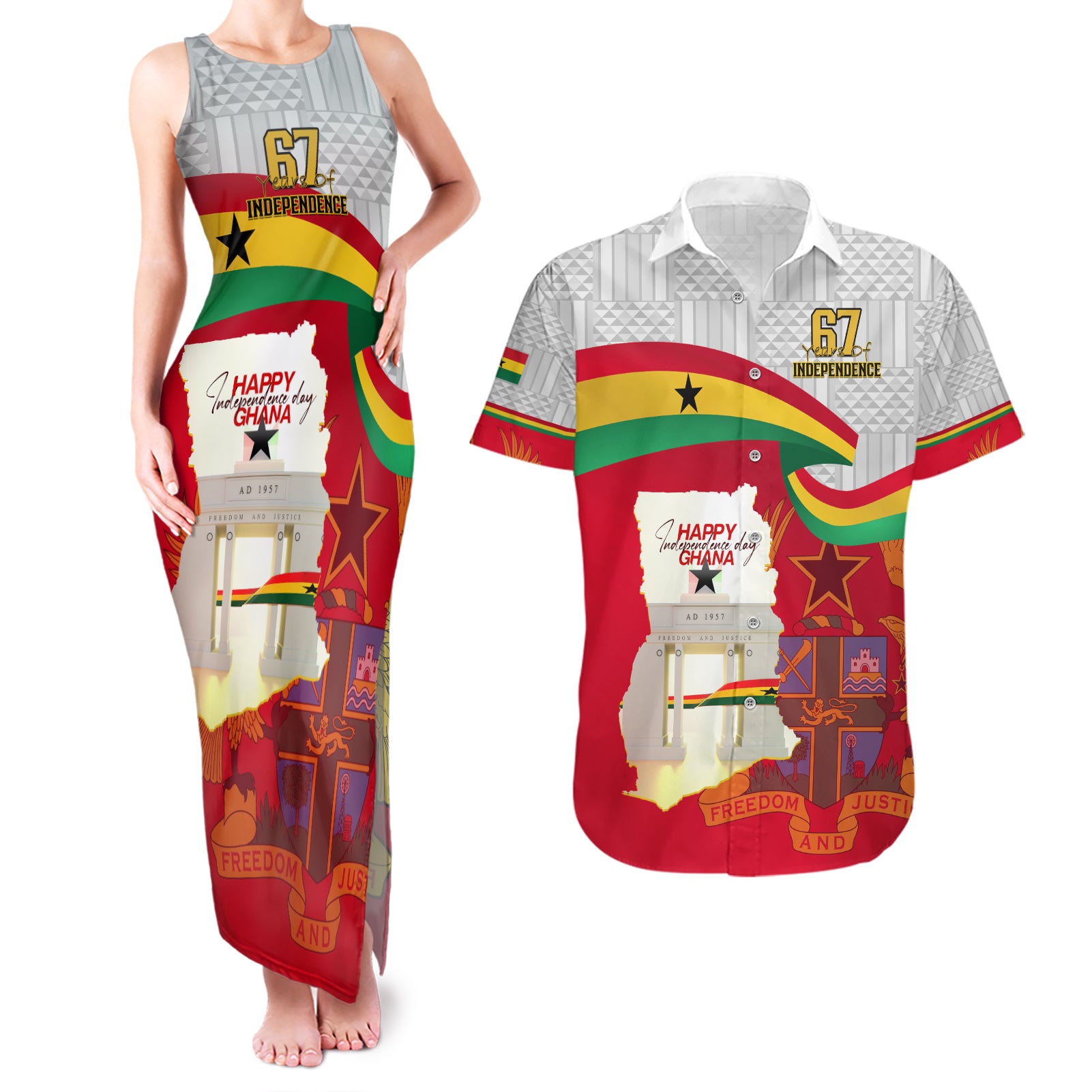 Ghana Independence Day Couples Matching Tank Maxi Dress and Hawaiian Shirt Gana Map Happy 67 Years Anniversary