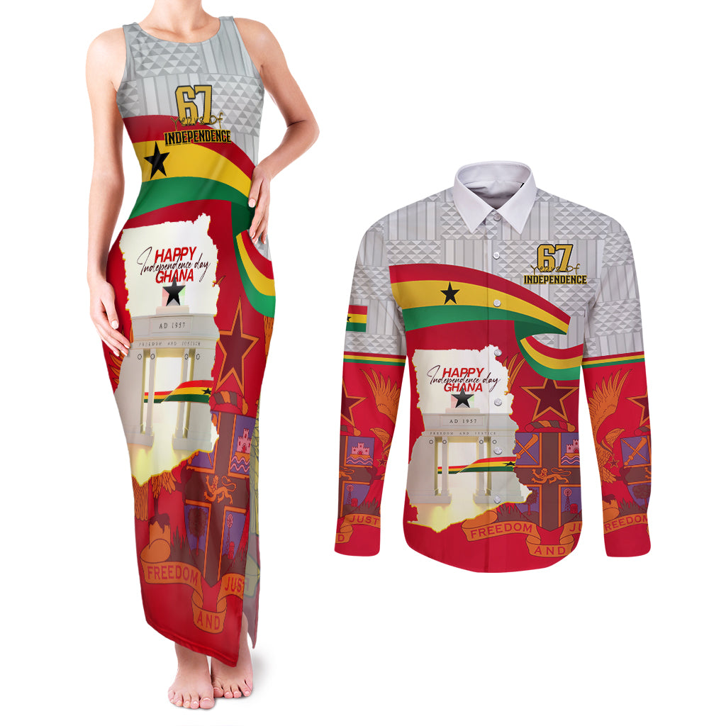 Ghana Independence Day Couples Matching Tank Maxi Dress and Long Sleeve Button Shirt Gana Map Happy 67 Years Anniversary - Wonder Print Shop
