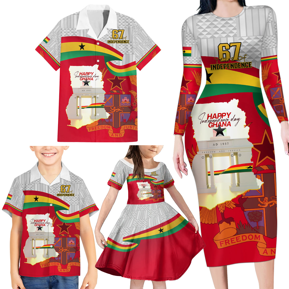 Ghana Independence Day Family Matching Long Sleeve Bodycon Dress and Hawaiian Shirt Gana Map Happy 67 Years Anniversary