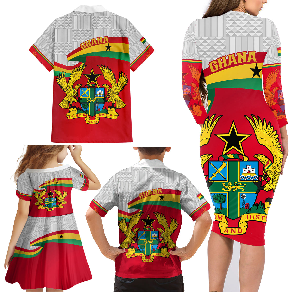 Ghana Independence Day Family Matching Long Sleeve Bodycon Dress and Hawaiian Shirt Gana Map Happy 67 Years Anniversary - Wonder Print Shop
