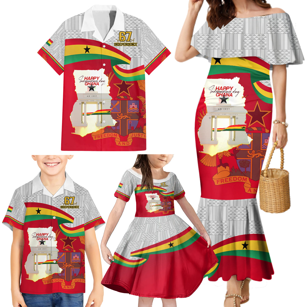 Ghana Independence Day Family Matching Mermaid Dress and Hawaiian Shirt Gana Map Happy 67 Years Anniversary - Wonder Print Shop