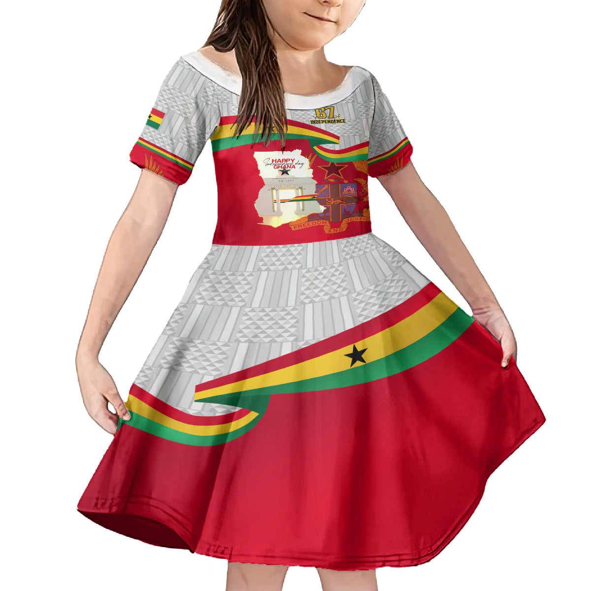 Ghana Independence Day Family Matching Off Shoulder Long Sleeve Dress and Hawaiian Shirt Gana Map Happy 67 Years Anniversary - Wonder Print Shop