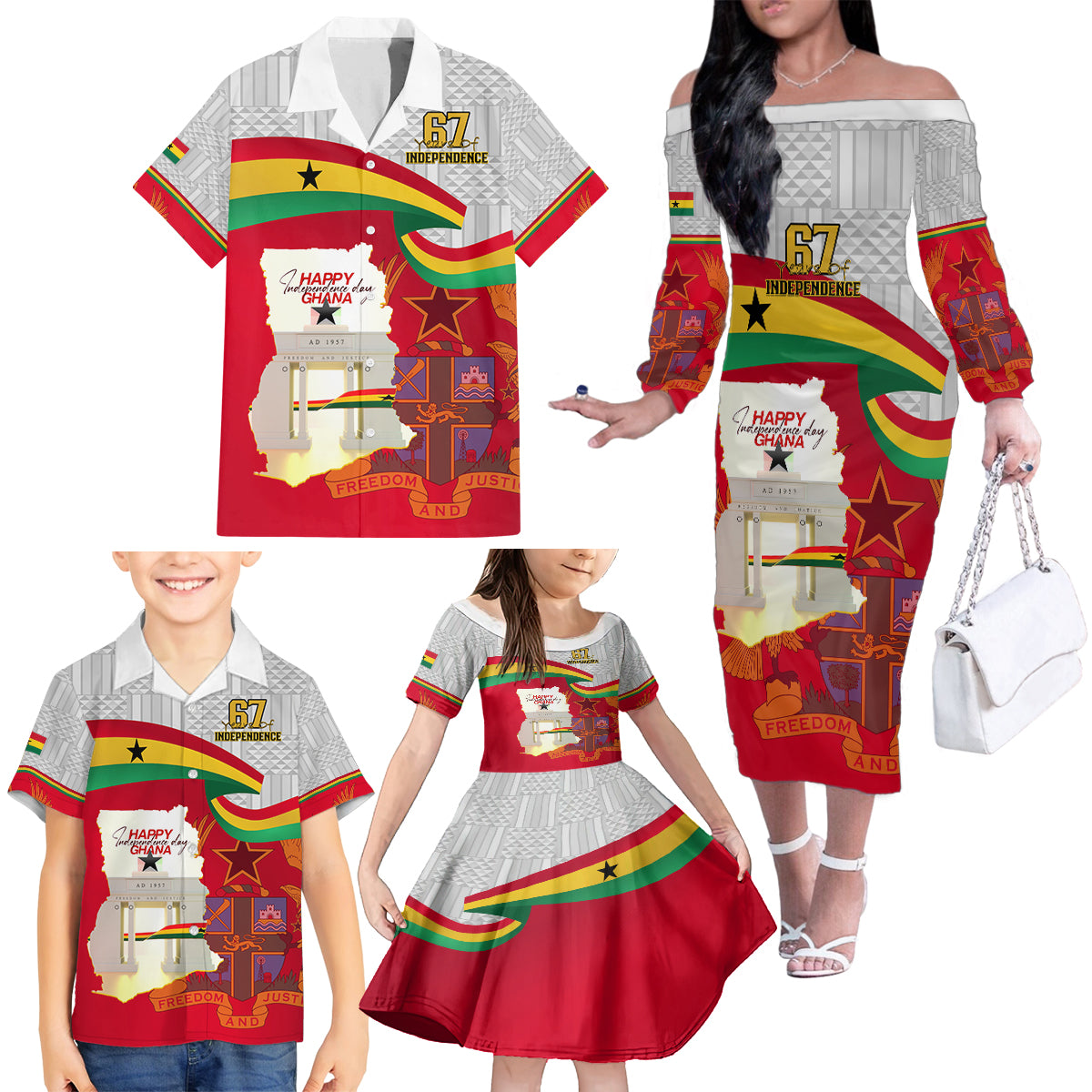 Ghana Independence Day Family Matching Off Shoulder Long Sleeve Dress and Hawaiian Shirt Gana Map Happy 67 Years Anniversary - Wonder Print Shop