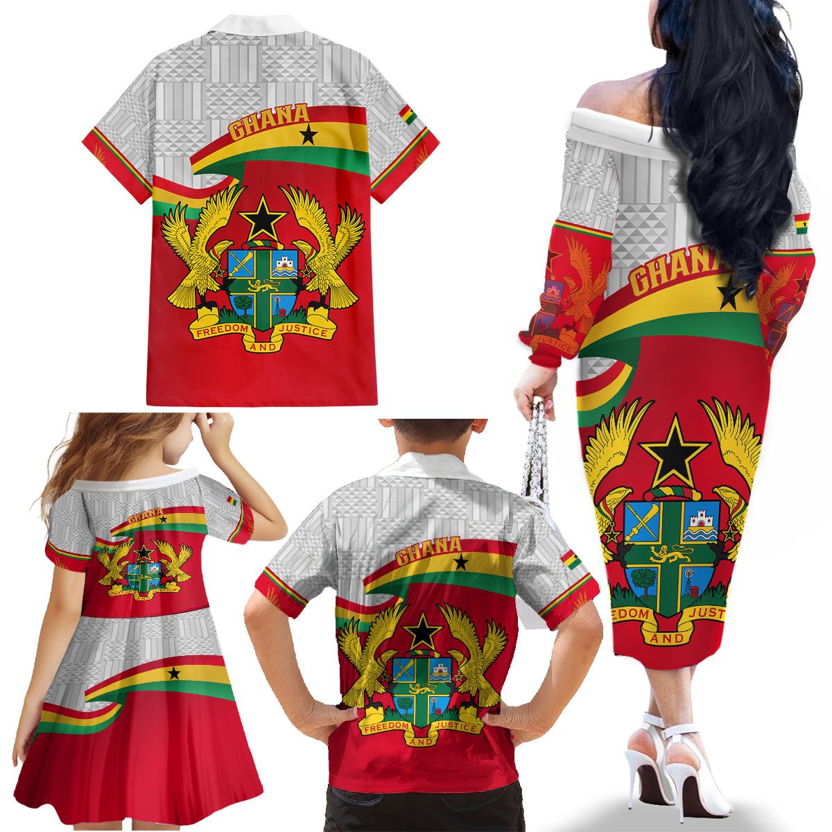 Ghana Independence Day Family Matching Off Shoulder Long Sleeve Dress and Hawaiian Shirt Gana Map Happy 67 Years Anniversary - Wonder Print Shop