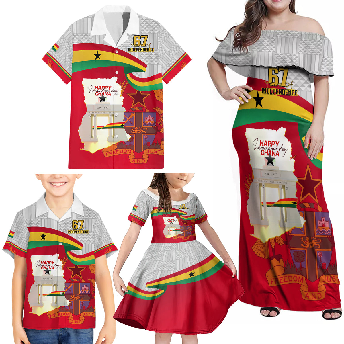 Ghana Independence Day Family Matching Off Shoulder Maxi Dress and Hawaiian Shirt Gana Map Happy 67 Years Anniversary - Wonder Print Shop