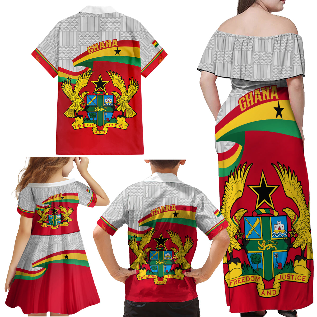 Ghana Independence Day Family Matching Off Shoulder Maxi Dress and Hawaiian Shirt Gana Map Happy 67 Years Anniversary - Wonder Print Shop