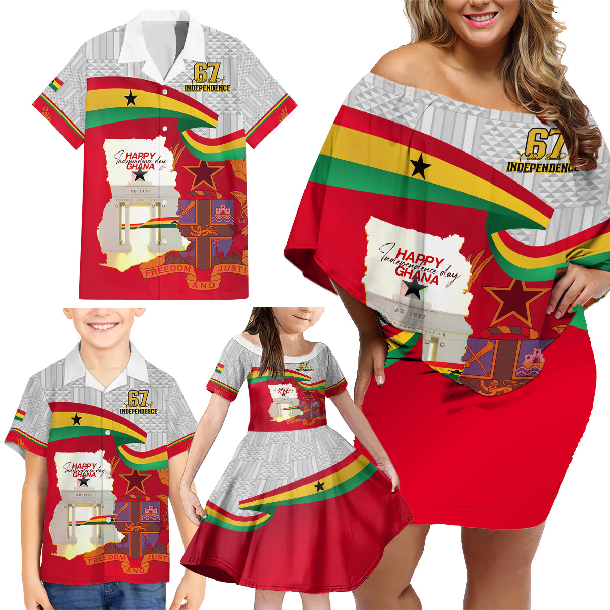 Ghana Independence Day Family Matching Off Shoulder Short Dress and Hawaiian Shirt Gana Map Happy 67 Years Anniversary
