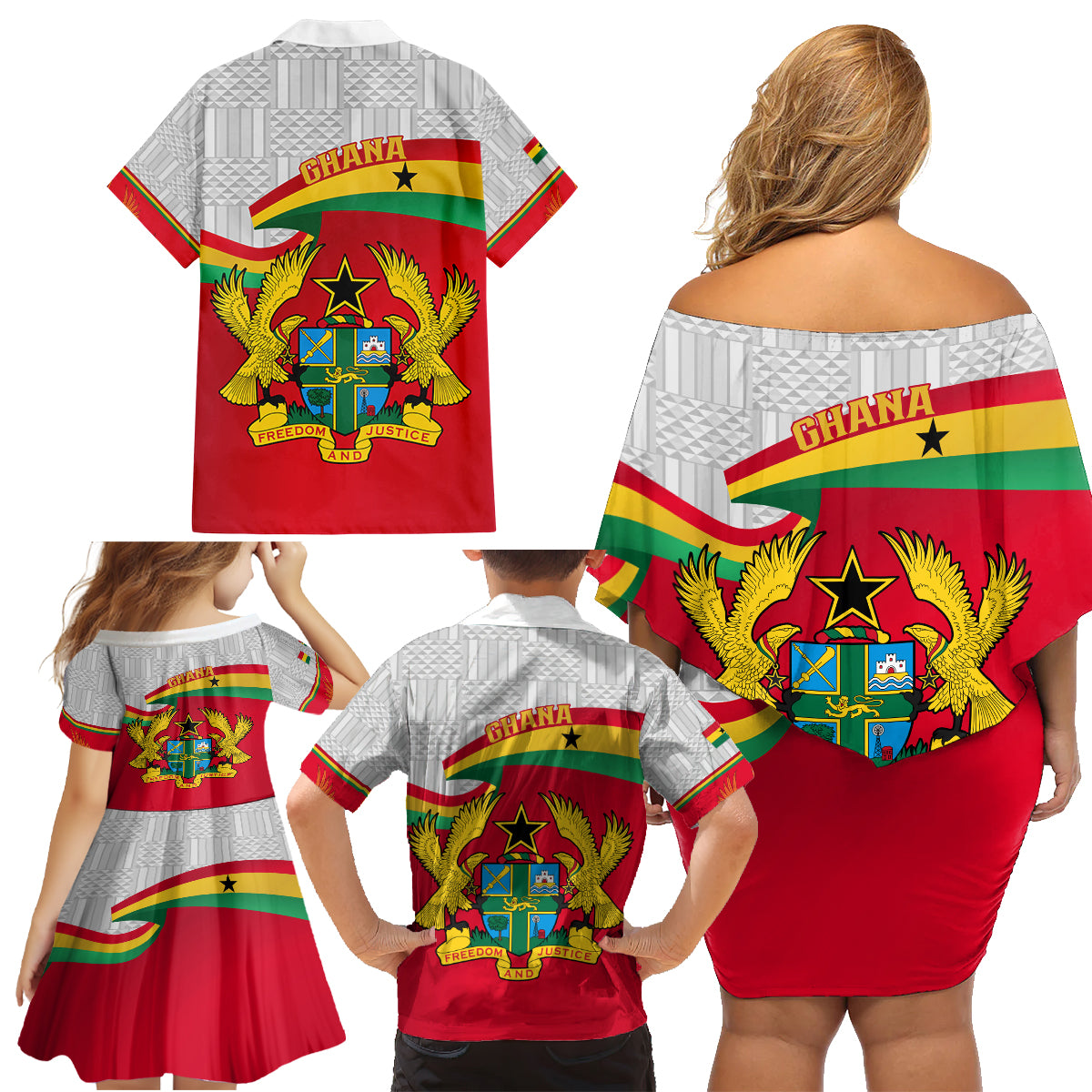 Ghana Independence Day Family Matching Off Shoulder Short Dress and Hawaiian Shirt Gana Map Happy 67 Years Anniversary - Wonder Print Shop