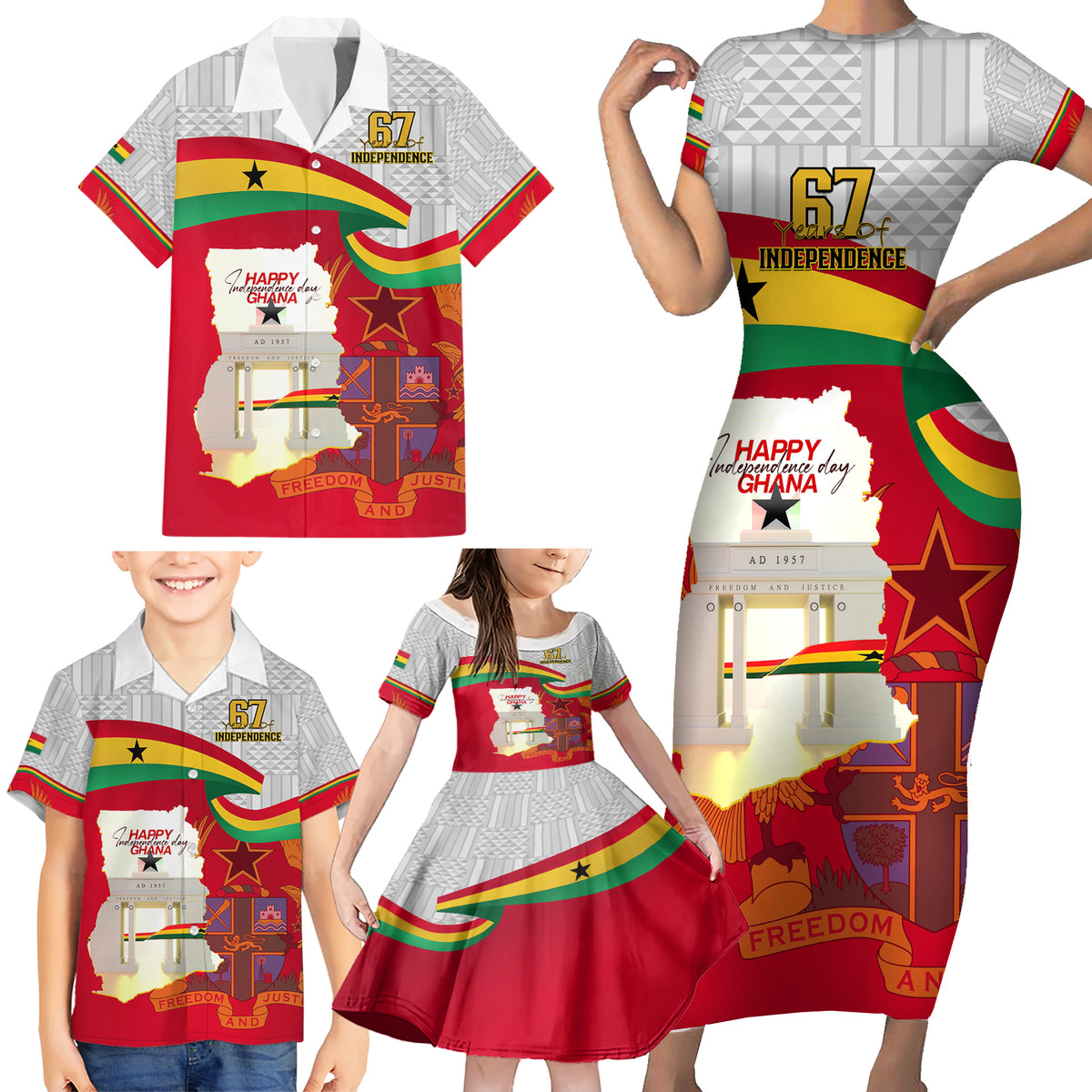 Ghana Independence Day Family Matching Short Sleeve Bodycon Dress and Hawaiian Shirt Gana Map Happy 67 Years Anniversary - Wonder Print Shop