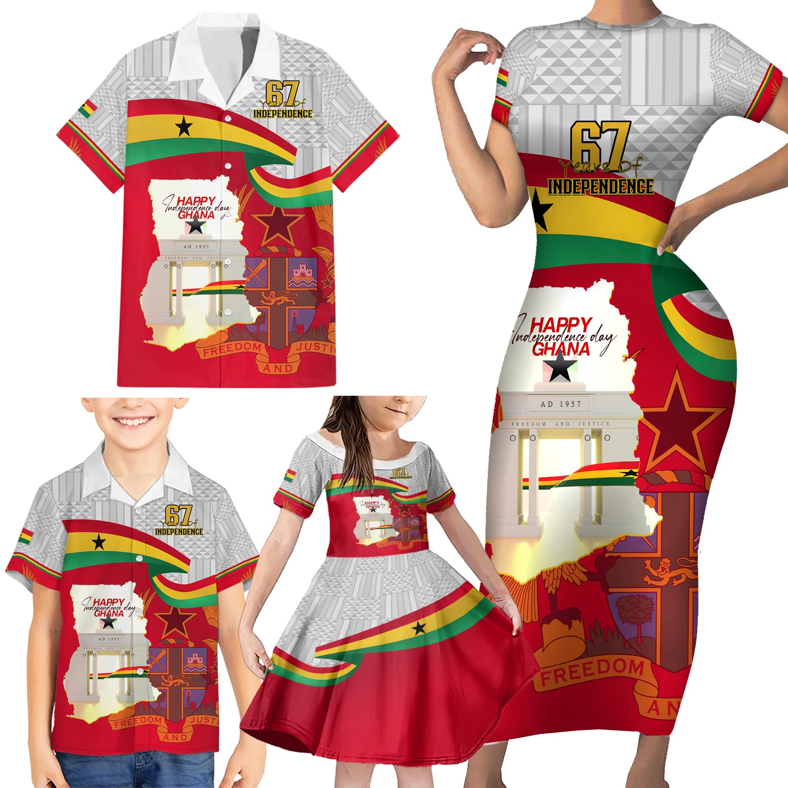 Ghana Independence Day Family Matching Short Sleeve Bodycon Dress and Hawaiian Shirt Gana Map Happy 67 Years Anniversary - Wonder Print Shop