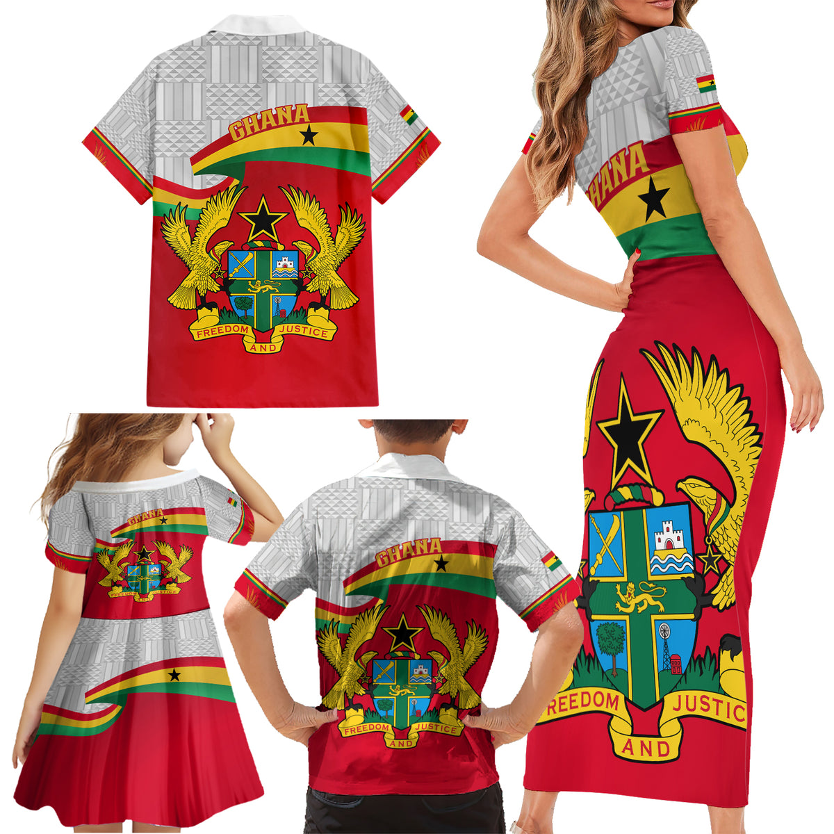 Ghana Independence Day Family Matching Short Sleeve Bodycon Dress and Hawaiian Shirt Gana Map Happy 67 Years Anniversary - Wonder Print Shop