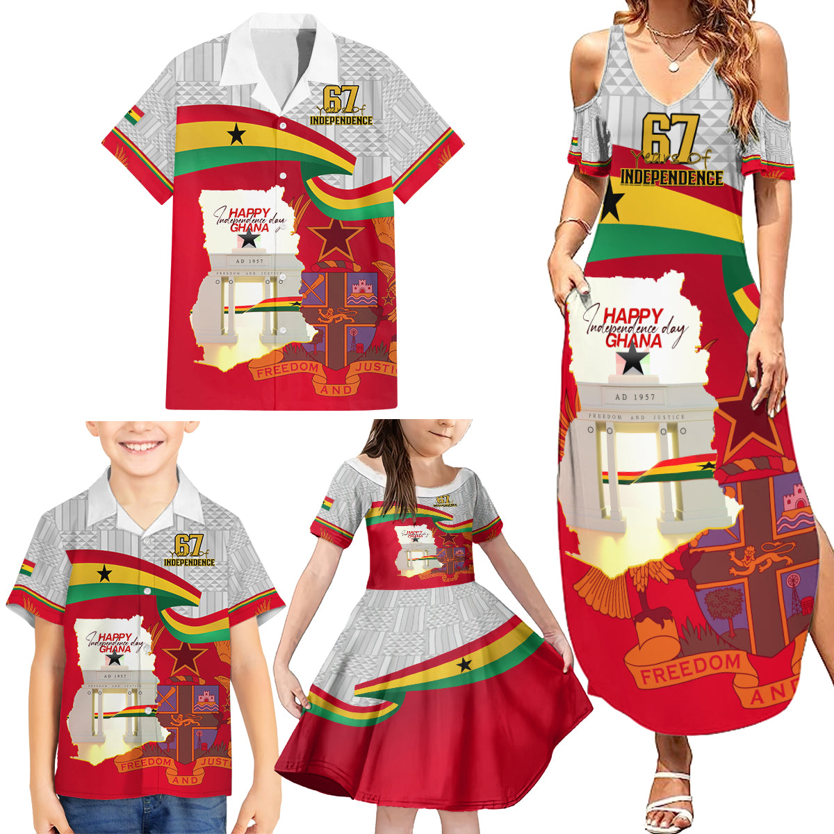 Ghana Independence Day Family Matching Summer Maxi Dress and Hawaiian Shirt Gana Map Happy 67 Years Anniversary