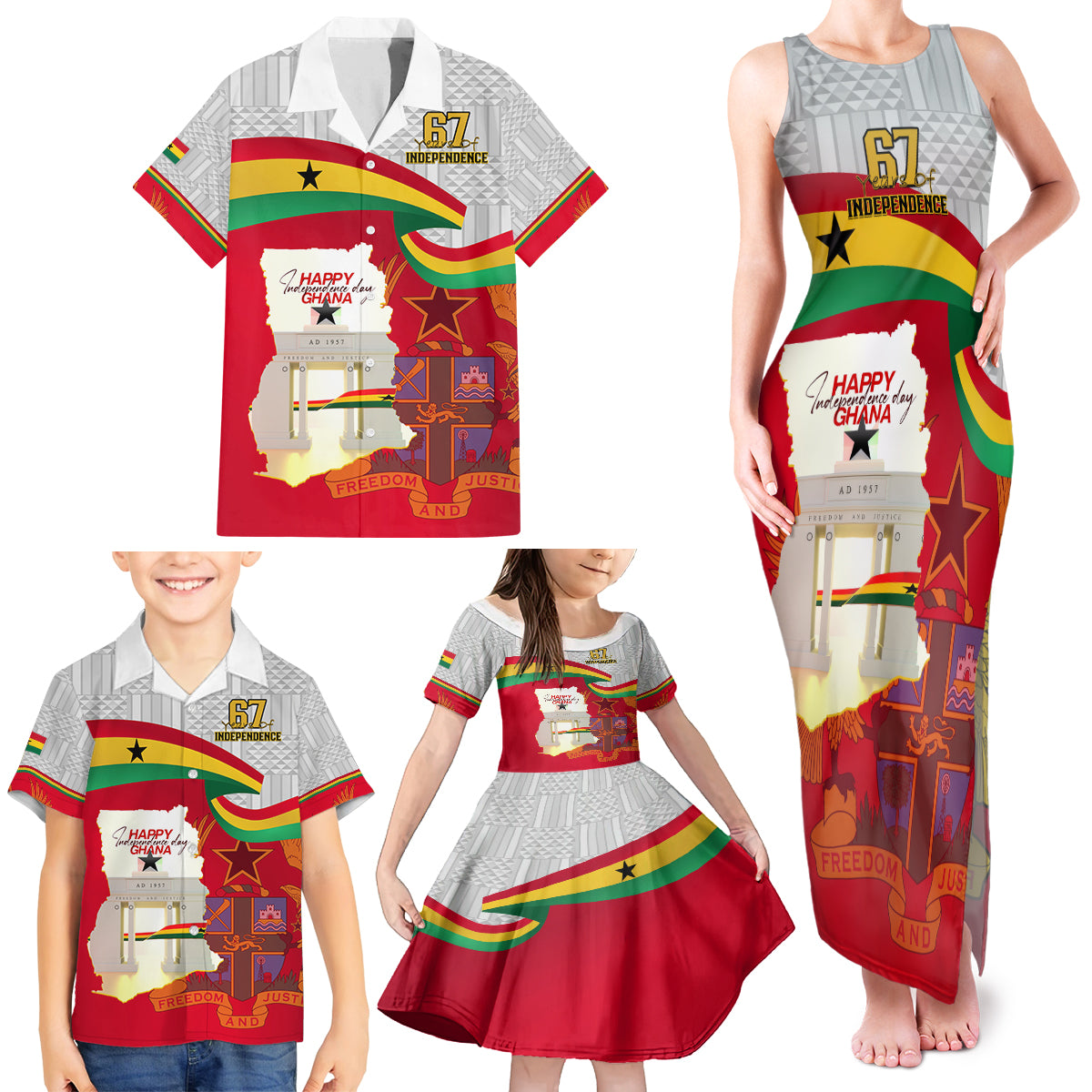 Ghana Independence Day Family Matching Tank Maxi Dress and Hawaiian Shirt Gana Map Happy 67 Years Anniversary