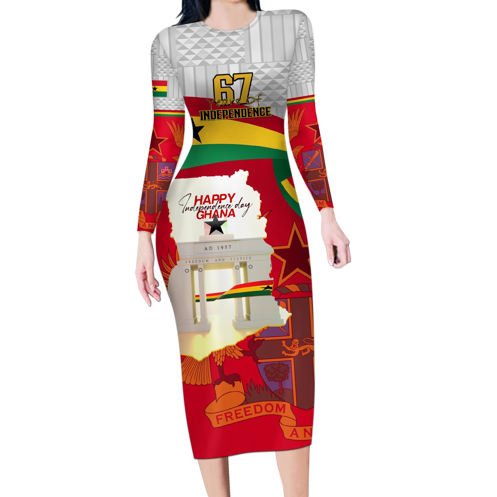 Ghana Independence Day Long Sleeve Bodycon Dress Gana Map Happy 67 Years Anniversary - Wonder Print Shop