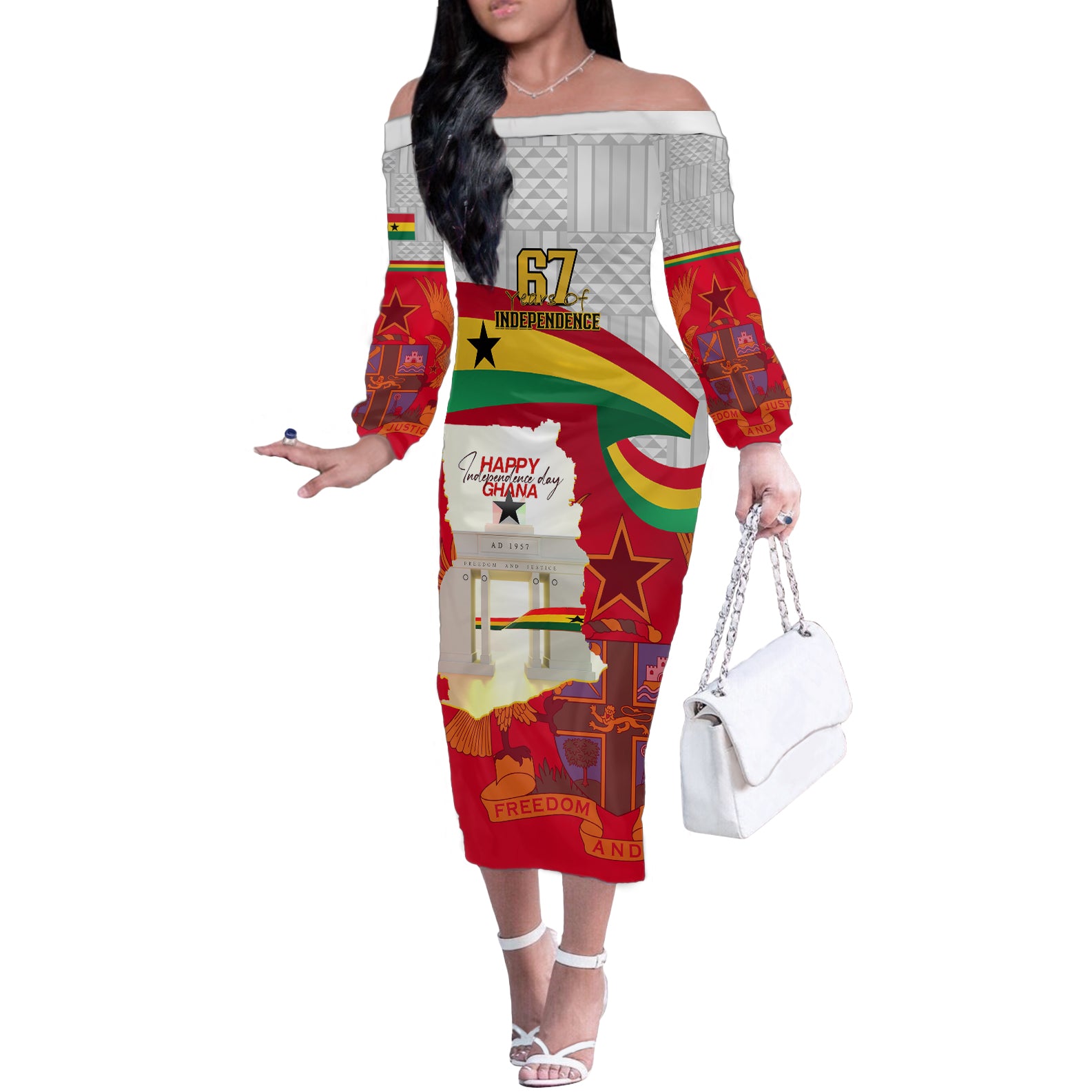 Ghana Independence Day Off The Shoulder Long Sleeve Dress Gana Map Happy 67 Years Anniversary - Wonder Print Shop