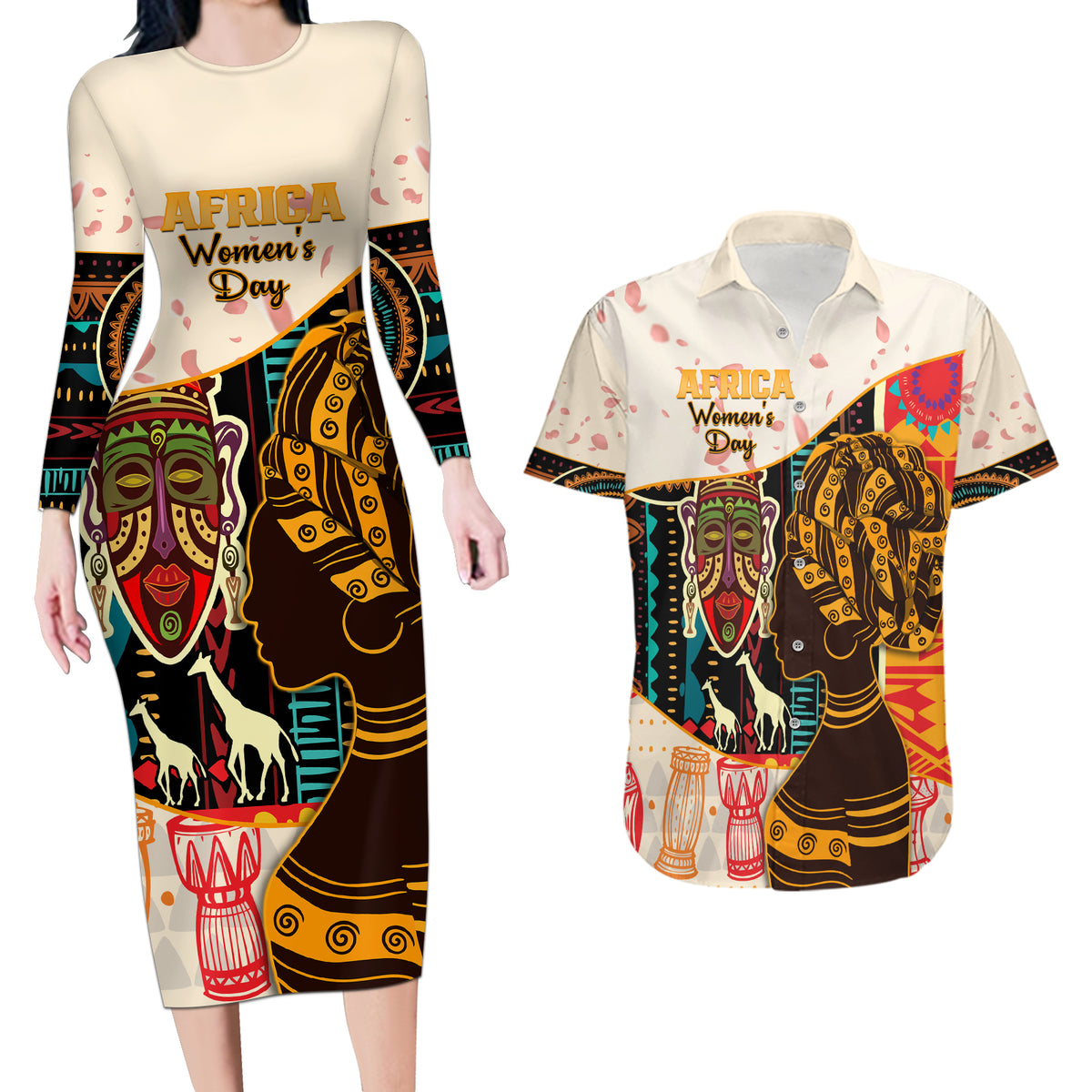 Africa International Women Day Couples Matching Long Sleeve Bodycon Dress and Hawaiian Shirt African Pattern - Wonder Print Shop