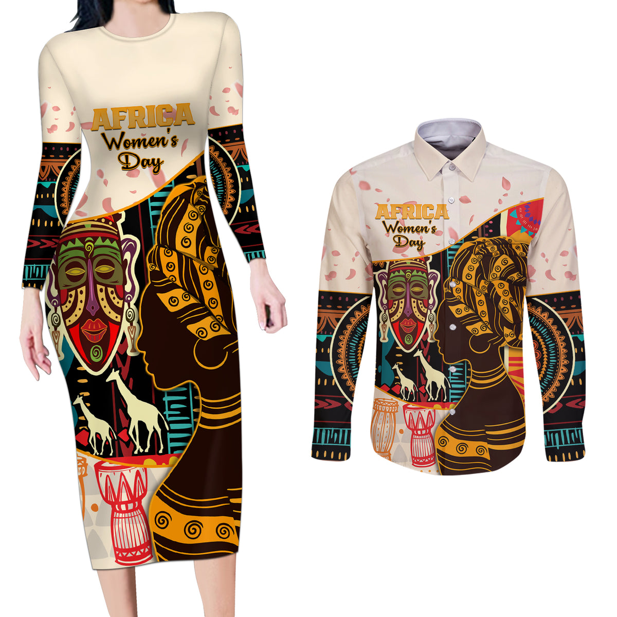 Africa International Women Day Couples Matching Long Sleeve Bodycon Dress and Long Sleeve Button Shirt African Pattern - Wonder Print Shop