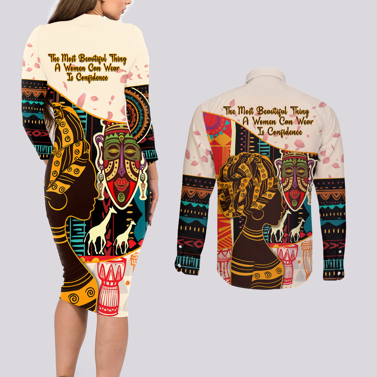 Africa International Women Day Couples Matching Long Sleeve Bodycon Dress and Long Sleeve Button Shirt African Pattern - Wonder Print Shop