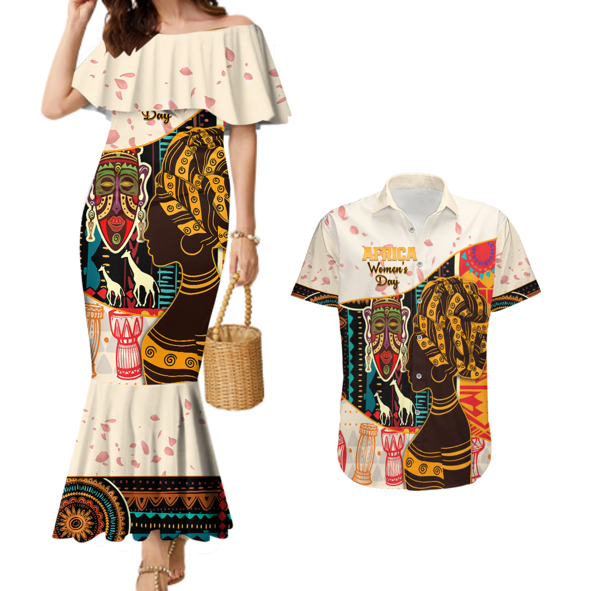 Africa International Women Day Couples Matching Mermaid Dress and Hawaiian Shirt African Pattern - Wonder Print Shop