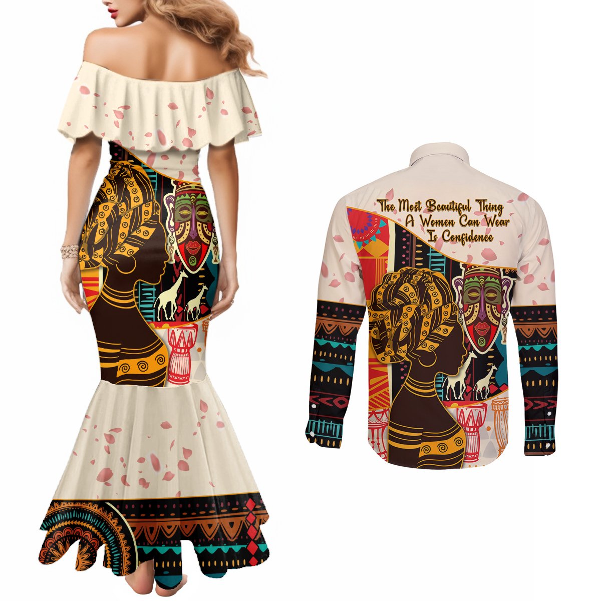 Africa International Women Day Couples Matching Mermaid Dress and Long Sleeve Button Shirt African Pattern