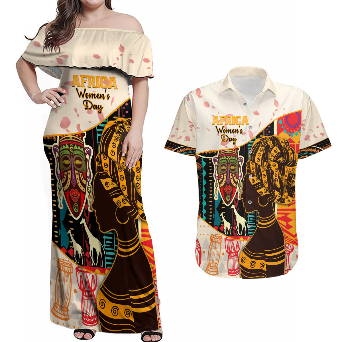 Africa International Women Day Couples Matching Off Shoulder Maxi Dress and Hawaiian Shirt African Pattern - Wonder Print Shop