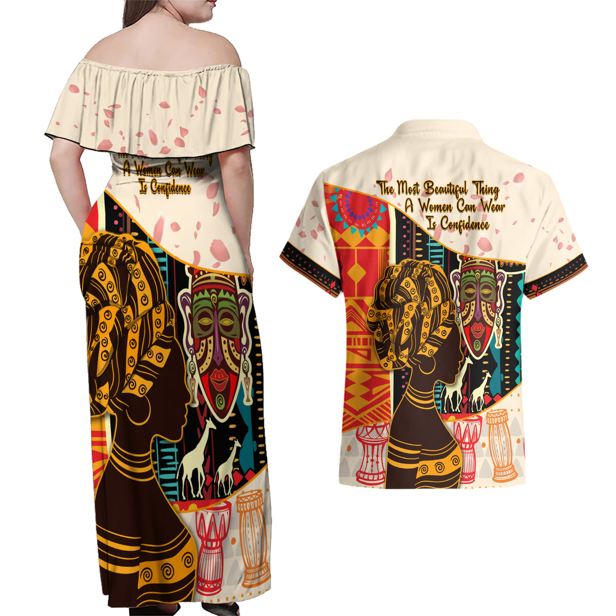 Africa International Women Day Couples Matching Off Shoulder Maxi Dress and Hawaiian Shirt African Pattern - Wonder Print Shop