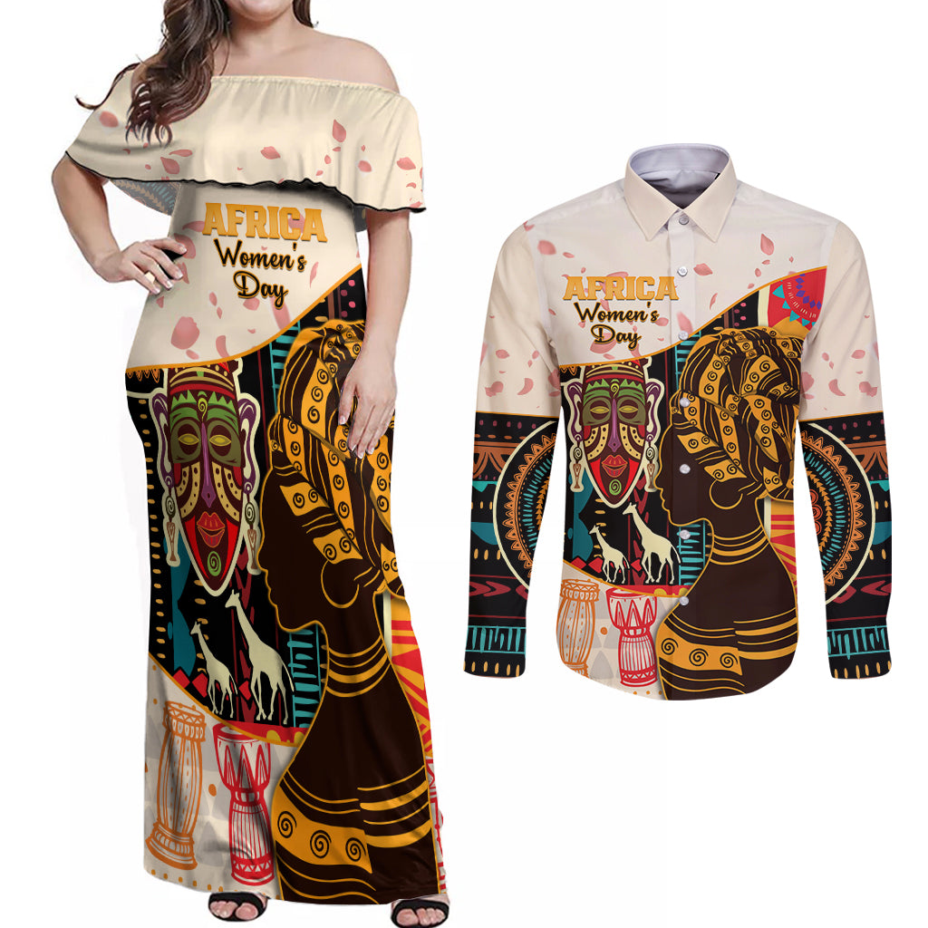 Africa International Women Day Couples Matching Off Shoulder Maxi Dress and Long Sleeve Button Shirt African Pattern - Wonder Print Shop