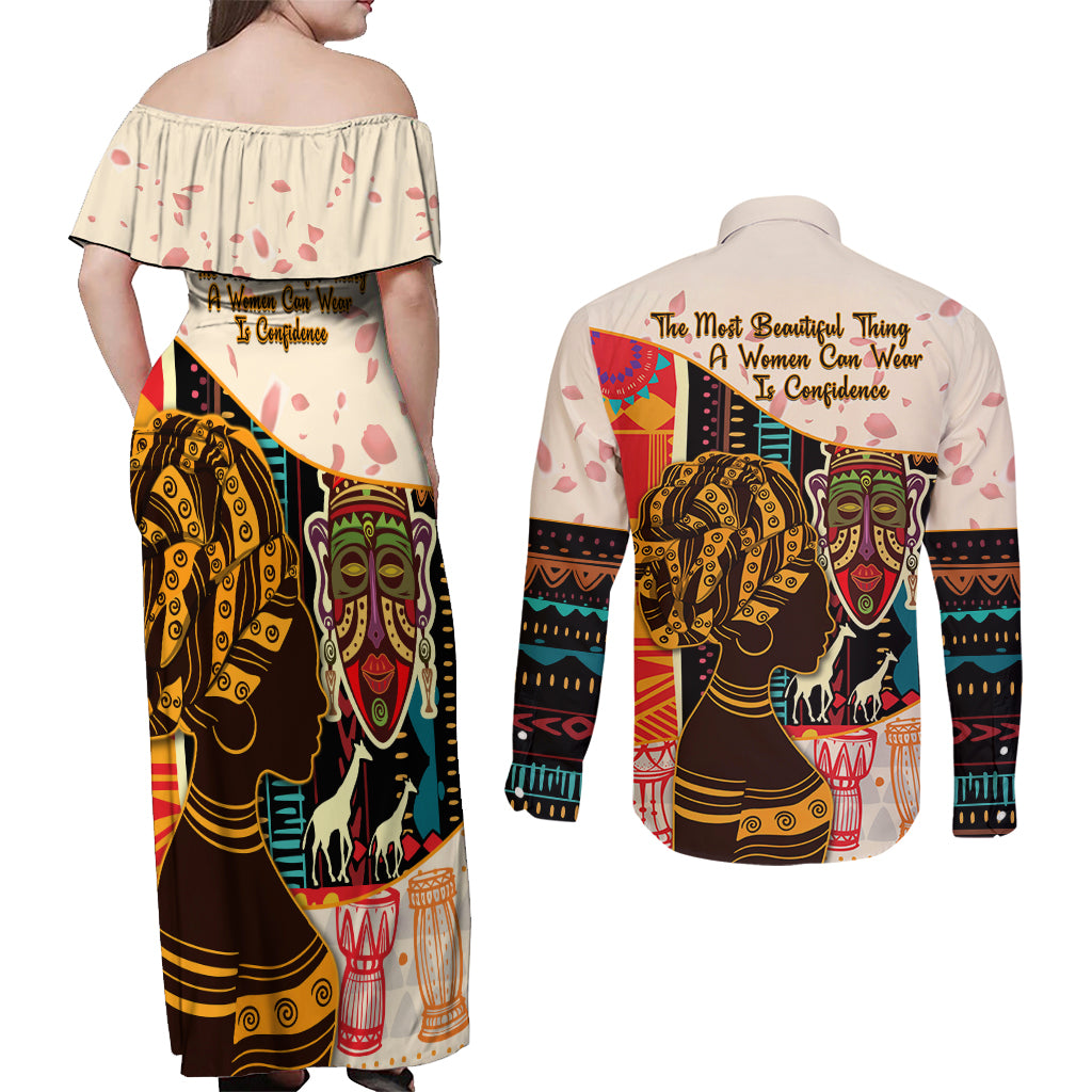 Africa International Women Day Couples Matching Off Shoulder Maxi Dress and Long Sleeve Button Shirt African Pattern - Wonder Print Shop