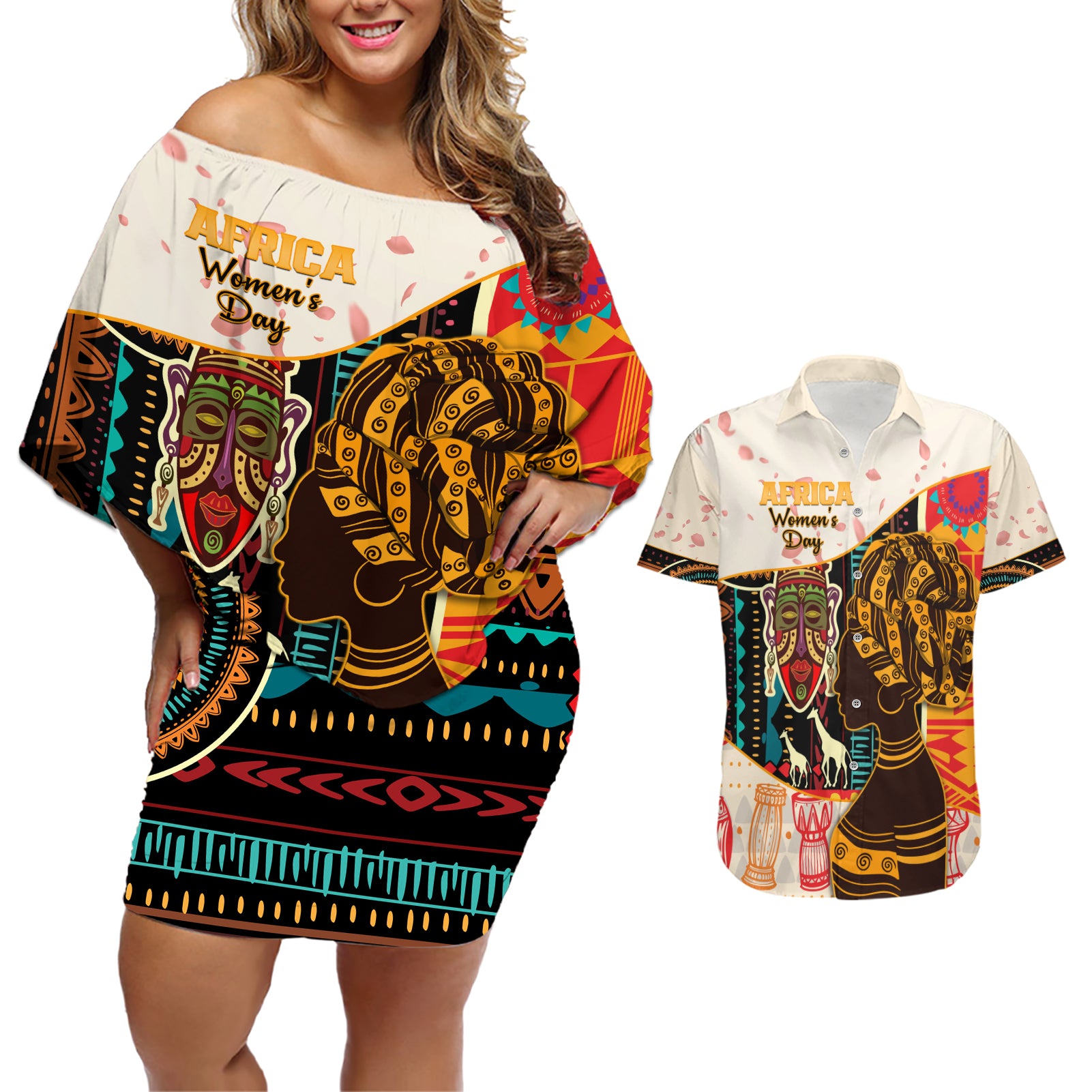 Africa International Women Day Couples Matching Off Shoulder Short Dress and Hawaiian Shirt African Pattern - Wonder Print Shop