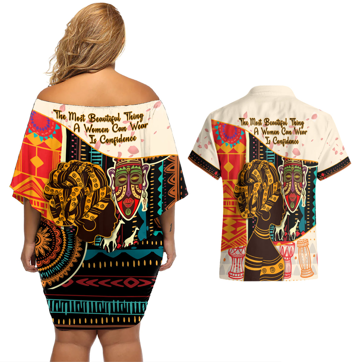 Africa International Women Day Couples Matching Off Shoulder Short Dress and Hawaiian Shirt African Pattern - Wonder Print Shop