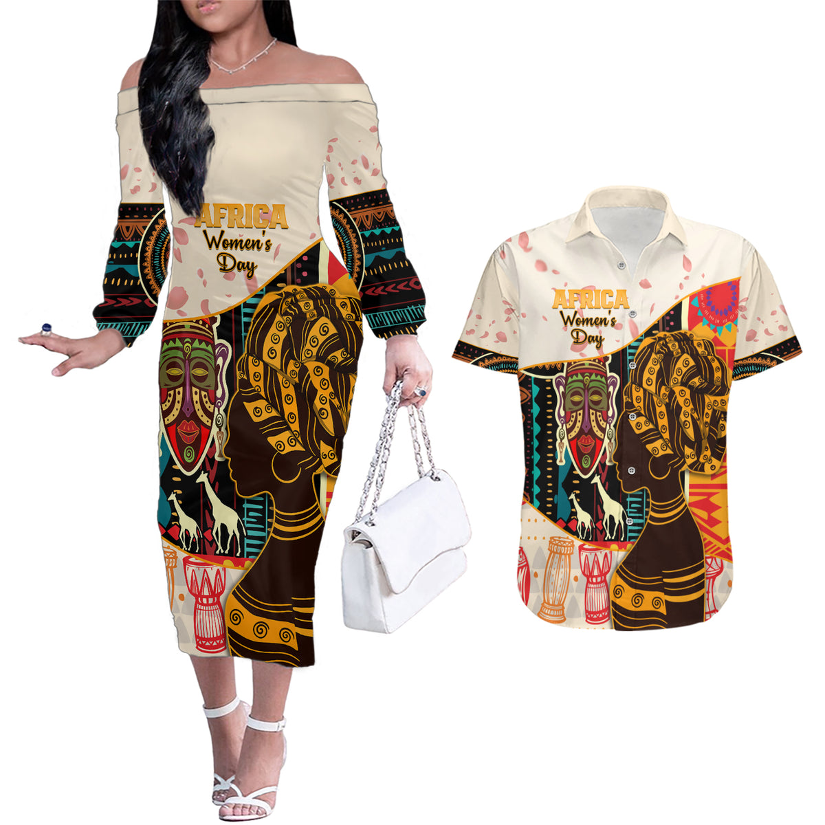 Africa International Women Day Couples Matching Off The Shoulder Long Sleeve Dress and Hawaiian Shirt African Pattern - Wonder Print Shop