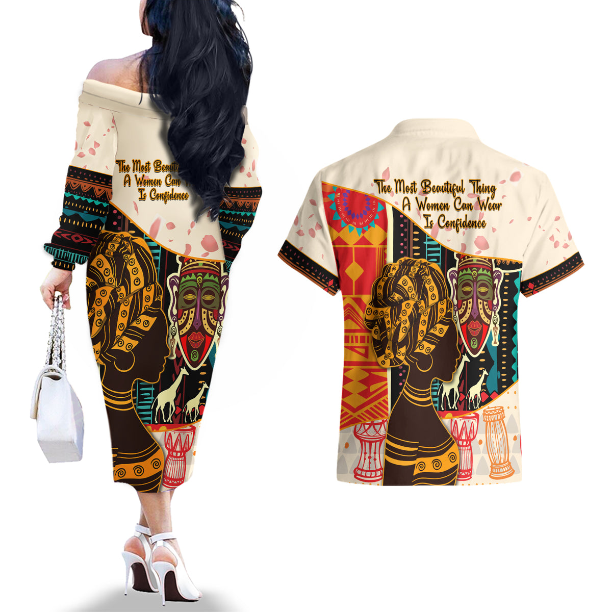 Africa International Women Day Couples Matching Off The Shoulder Long Sleeve Dress and Hawaiian Shirt African Pattern - Wonder Print Shop