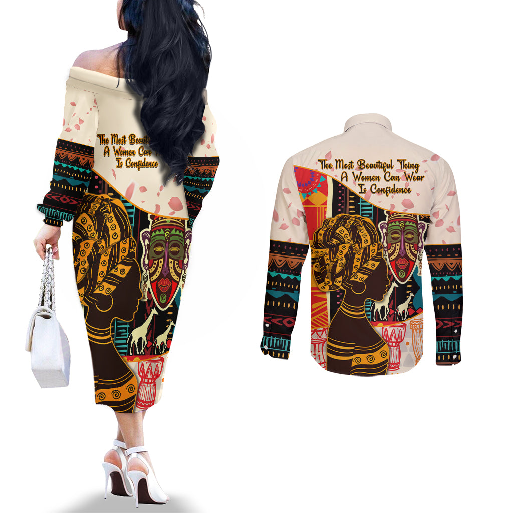 Africa International Women Day Couples Matching Off The Shoulder Long Sleeve Dress and Long Sleeve Button Shirt African Pattern