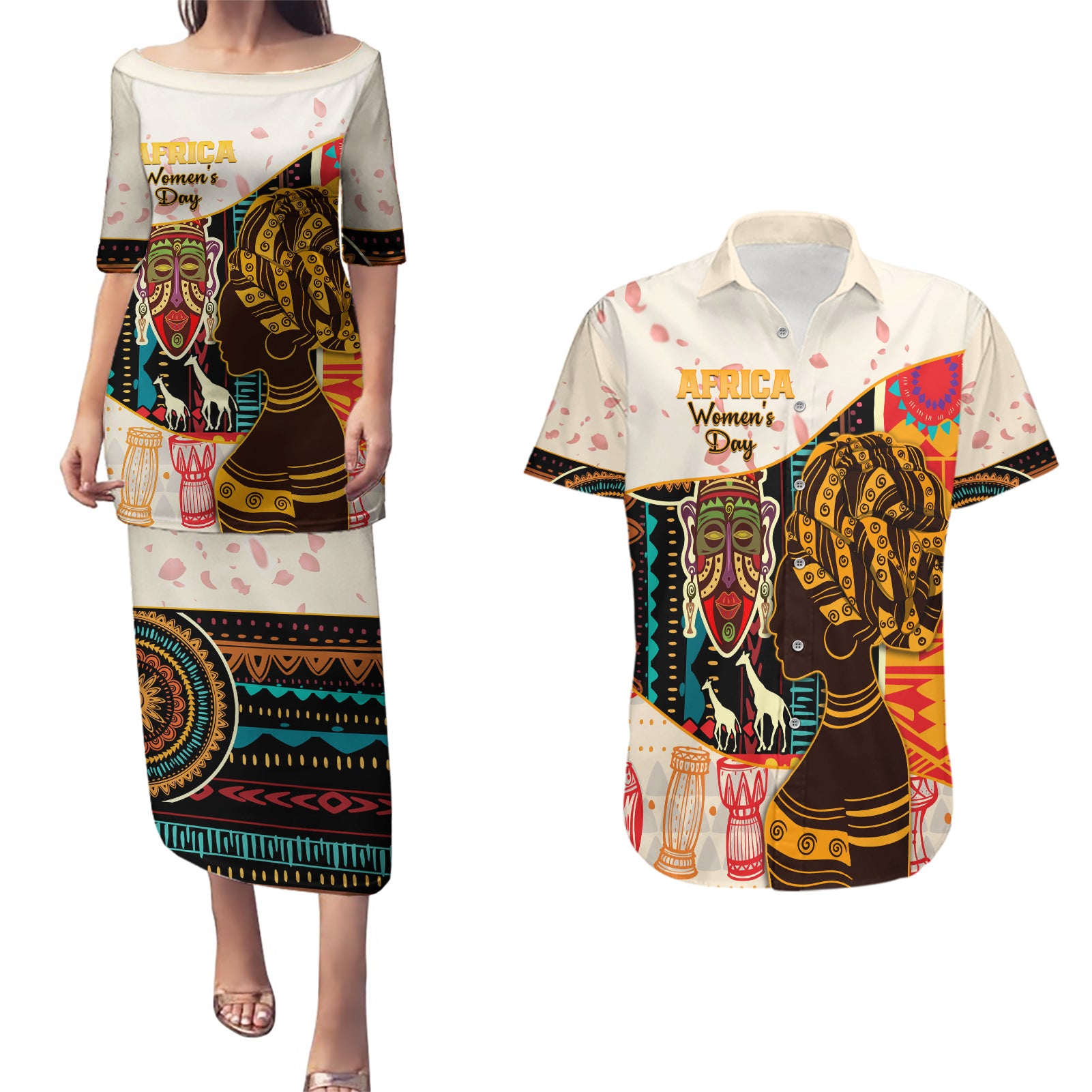 Africa International Women Day Couples Matching Puletasi and Hawaiian Shirt African Pattern - Wonder Print Shop
