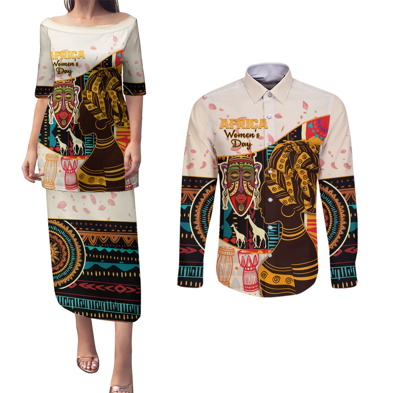 Africa International Women Day Couples Matching Puletasi and Long Sleeve Button Shirt African Pattern - Wonder Print Shop