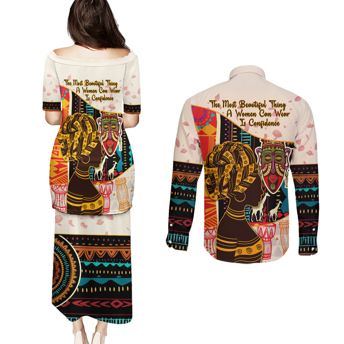 Africa International Women Day Couples Matching Puletasi and Long Sleeve Button Shirt African Pattern - Wonder Print Shop