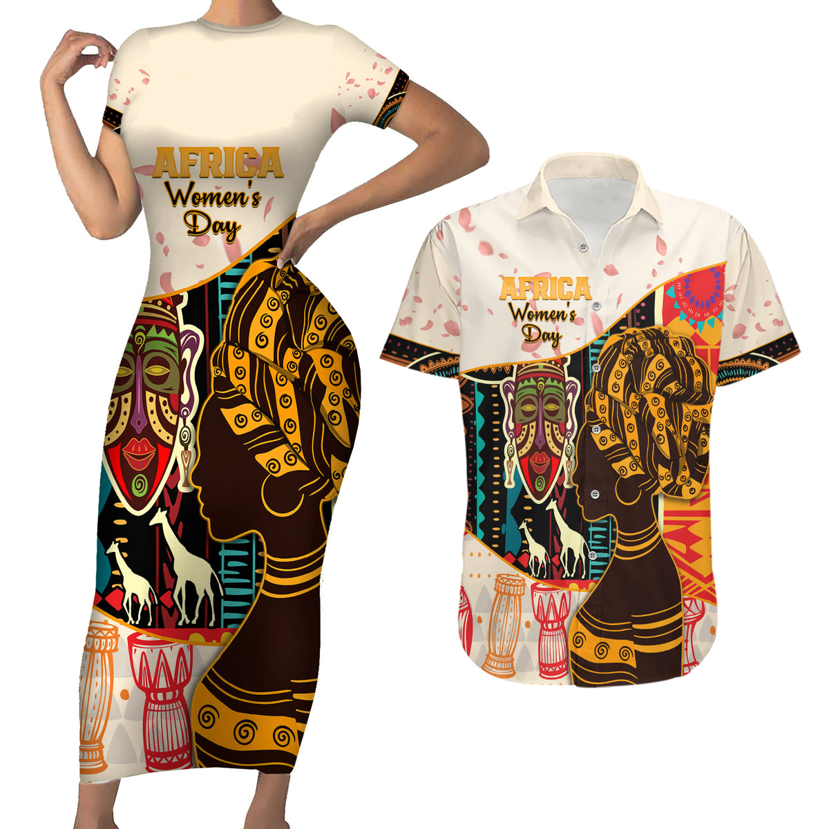 Africa International Women Day Couples Matching Short Sleeve Bodycon Dress and Hawaiian Shirt African Pattern - Wonder Print Shop