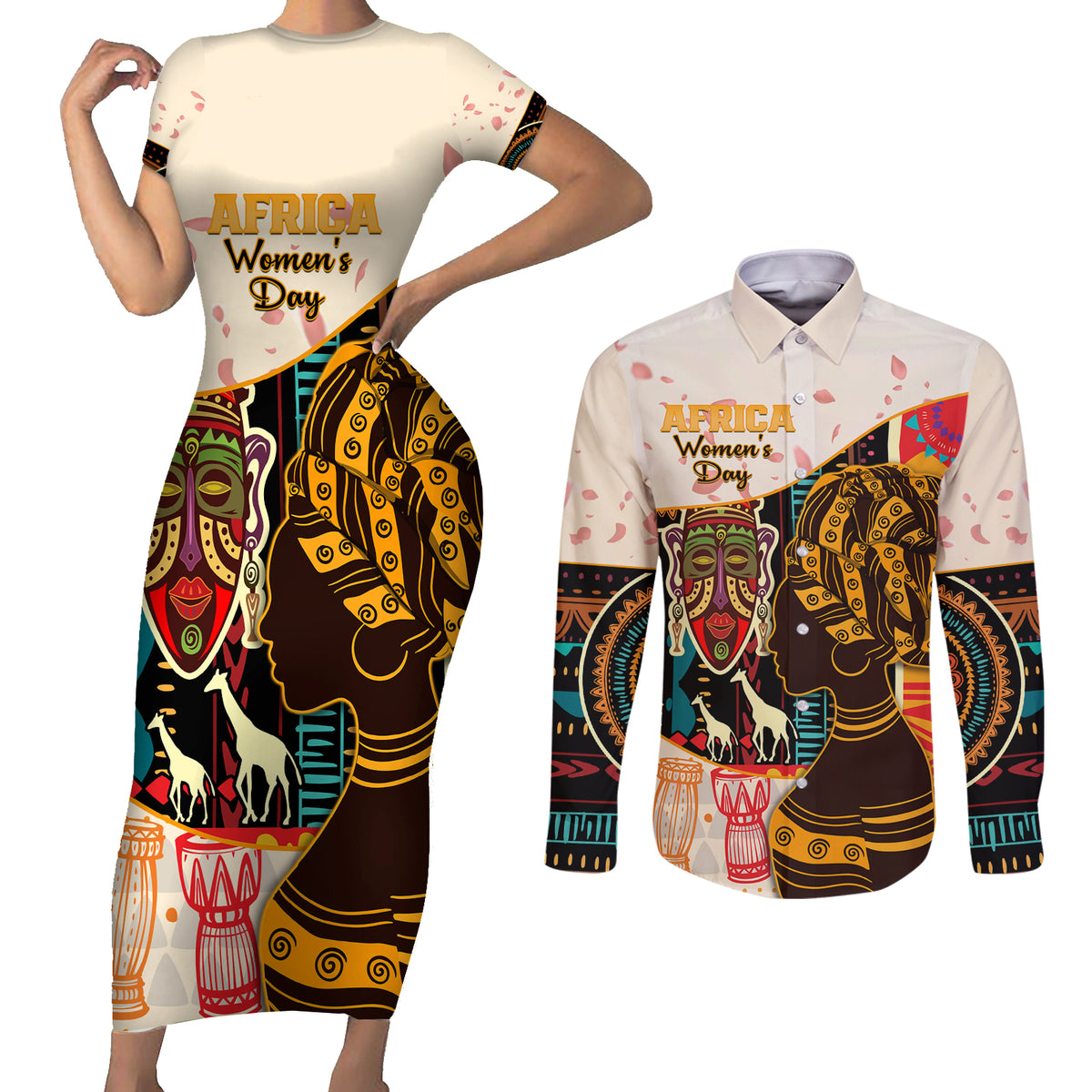 Africa International Women Day Couples Matching Short Sleeve Bodycon Dress and Long Sleeve Button Shirt African Pattern - Wonder Print Shop