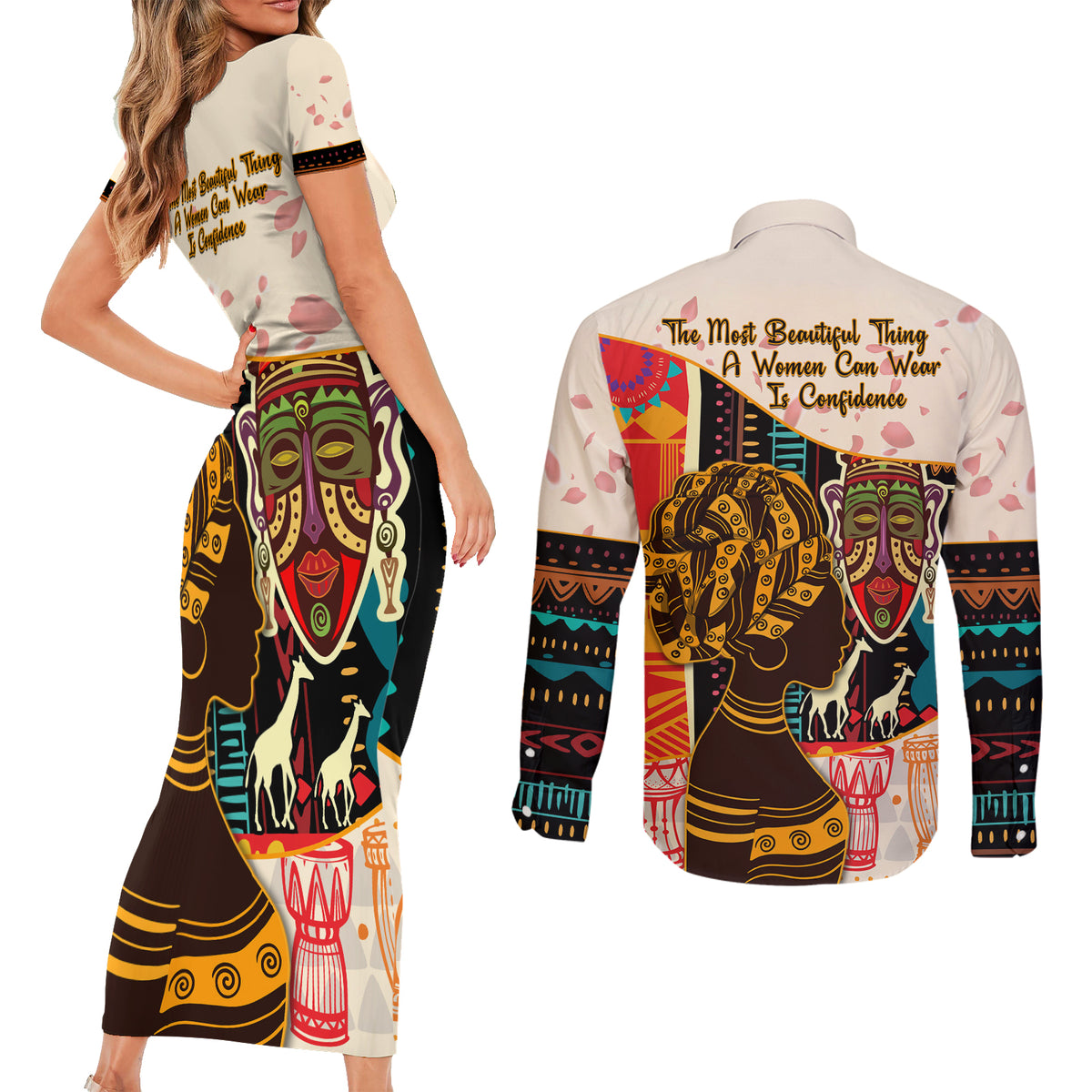 Africa International Women Day Couples Matching Short Sleeve Bodycon Dress and Long Sleeve Button Shirt African Pattern - Wonder Print Shop