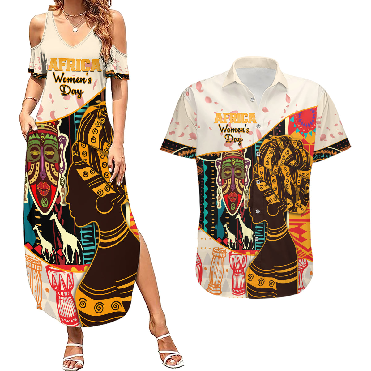 Africa International Women Day Couples Matching Summer Maxi Dress and Hawaiian Shirt African Pattern - Wonder Print Shop