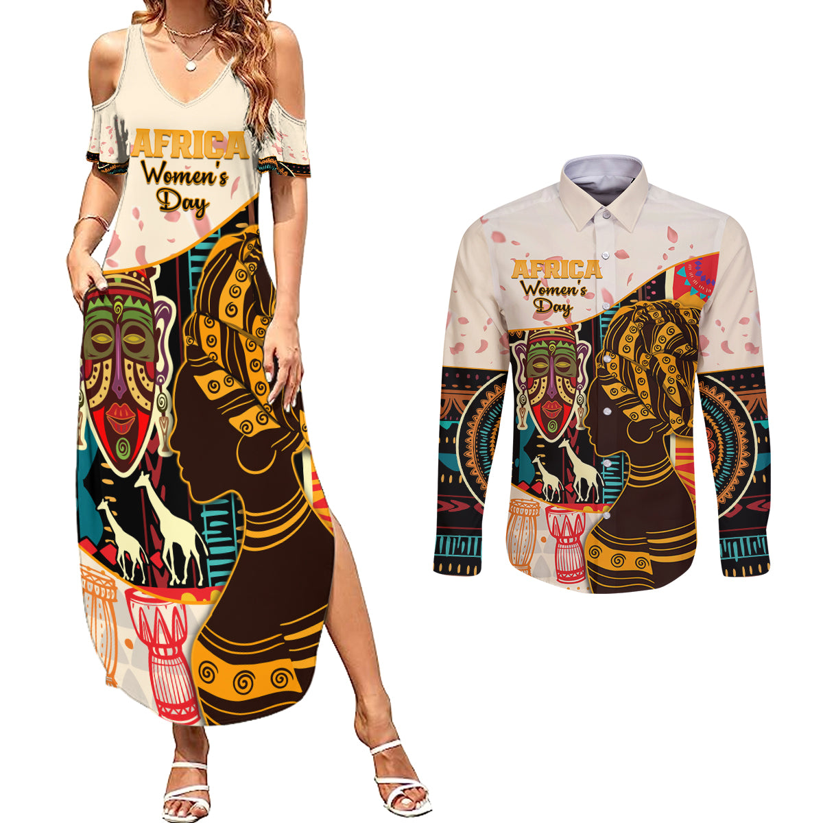 Africa International Women Day Couples Matching Summer Maxi Dress and Long Sleeve Button Shirt African Pattern - Wonder Print Shop