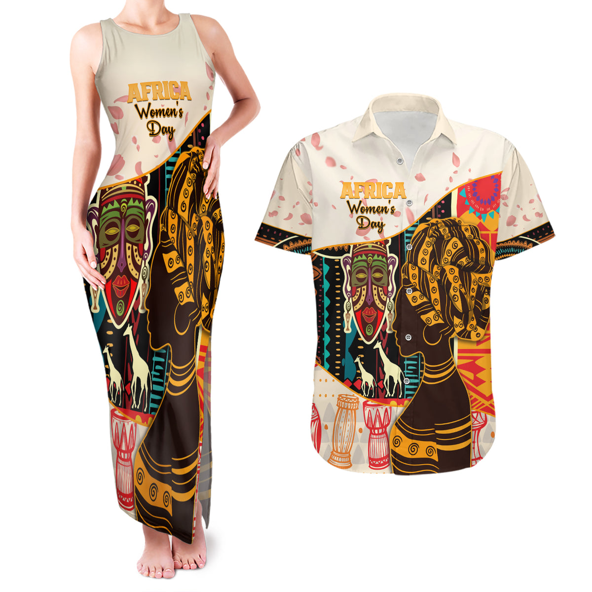 Africa International Women Day Couples Matching Tank Maxi Dress and Hawaiian Shirt African Pattern - Wonder Print Shop
