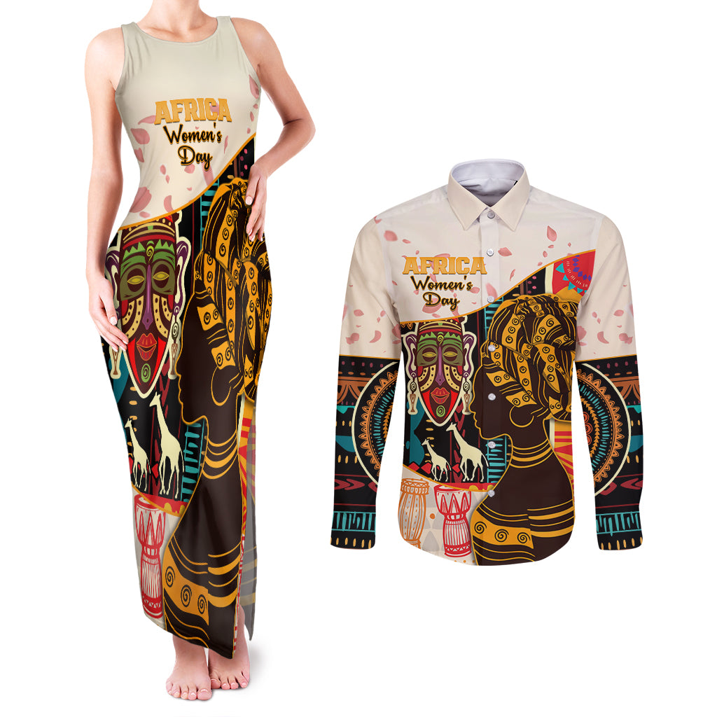 Africa International Women Day Couples Matching Tank Maxi Dress and Long Sleeve Button Shirt African Pattern - Wonder Print Shop