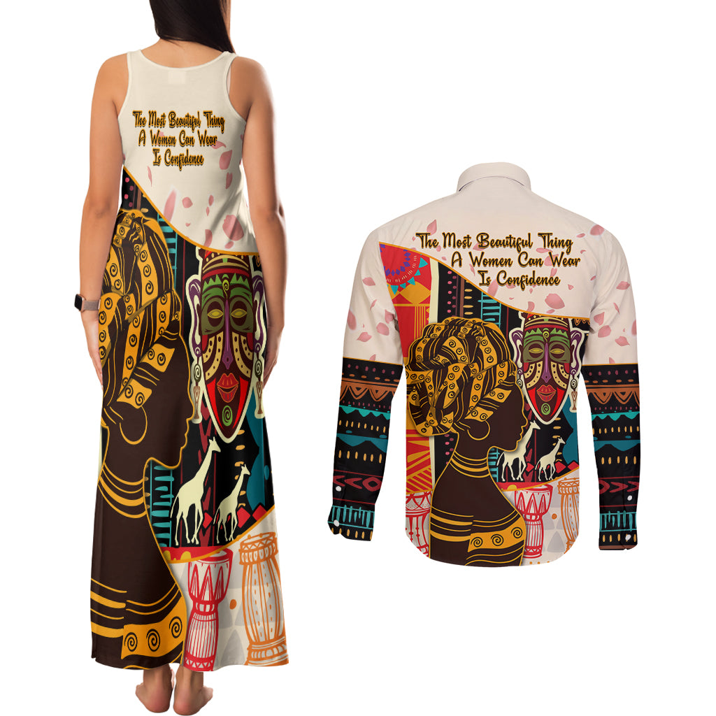 Africa International Women Day Couples Matching Tank Maxi Dress and Long Sleeve Button Shirt African Pattern - Wonder Print Shop