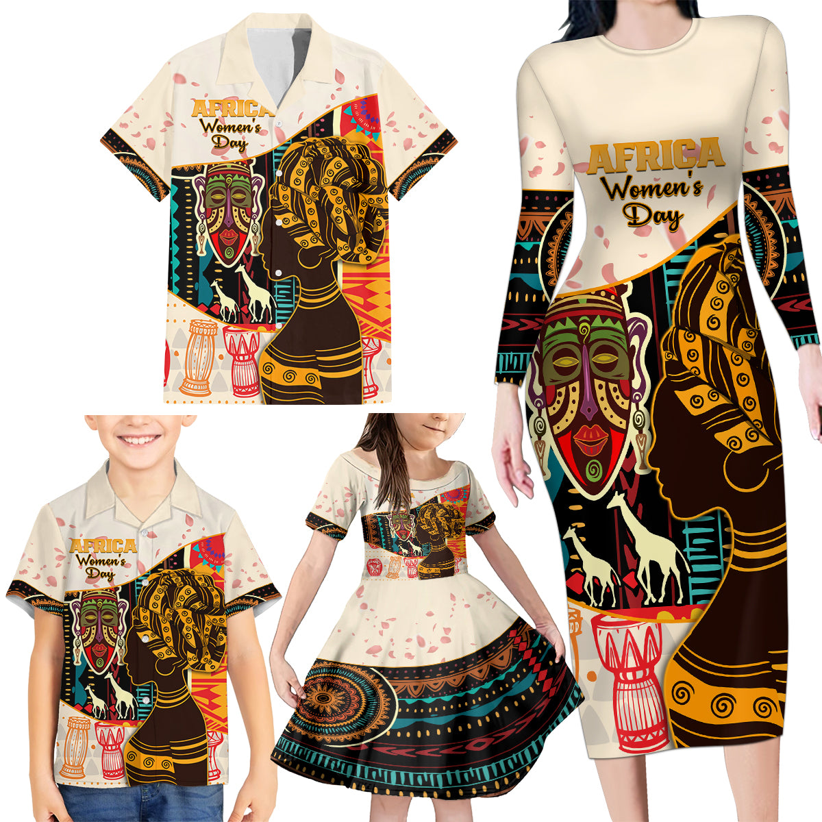 Africa International Women Day Family Matching Long Sleeve Bodycon Dress and Hawaiian Shirt African Pattern - Wonder Print Shop