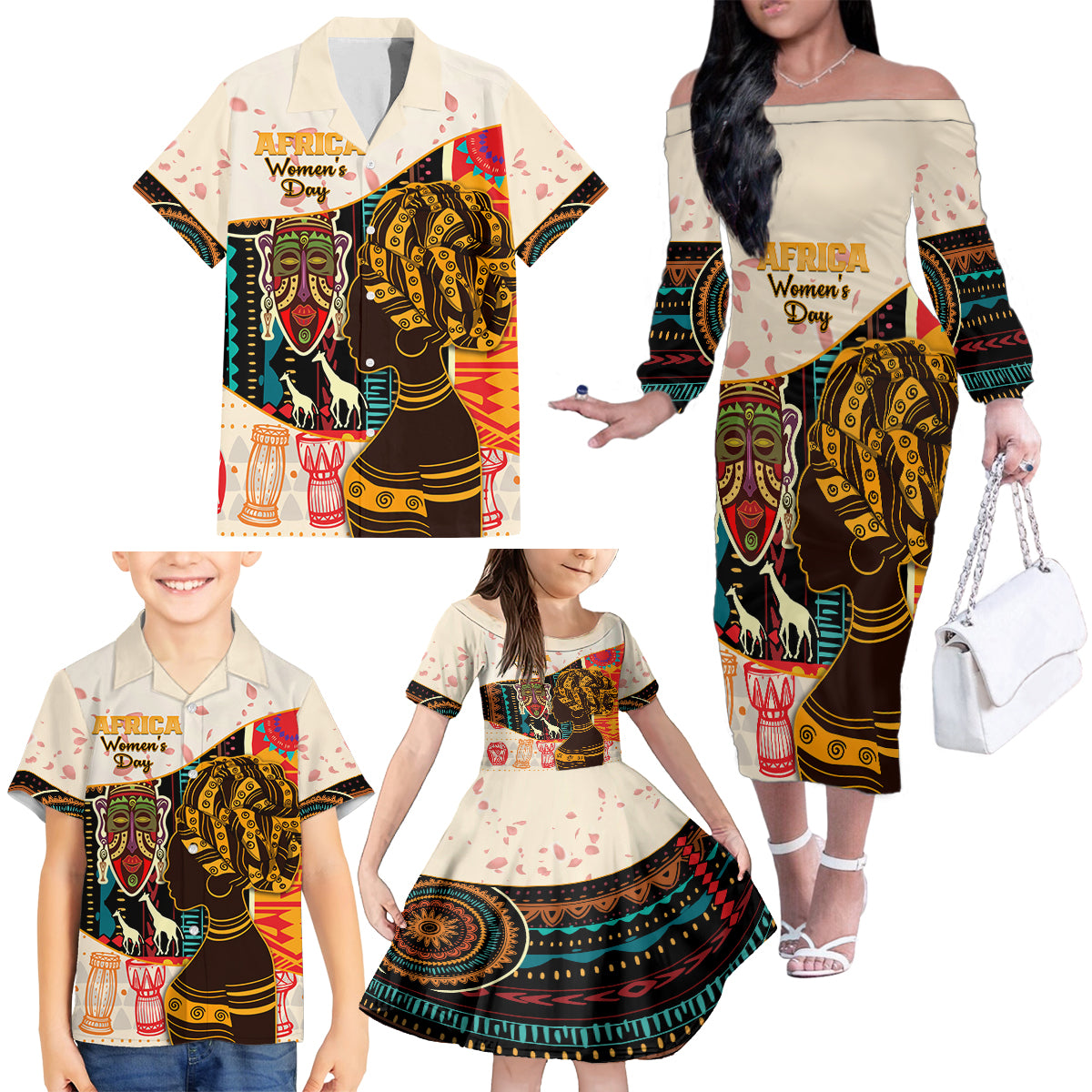 Africa International Women Day Family Matching Off Shoulder Long Sleeve Dress and Hawaiian Shirt African Pattern - Wonder Print Shop