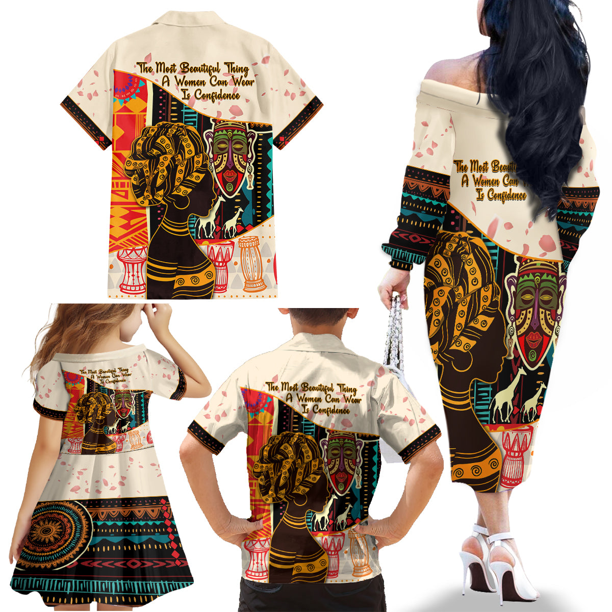 Africa International Women Day Family Matching Off Shoulder Long Sleeve Dress and Hawaiian Shirt African Pattern - Wonder Print Shop